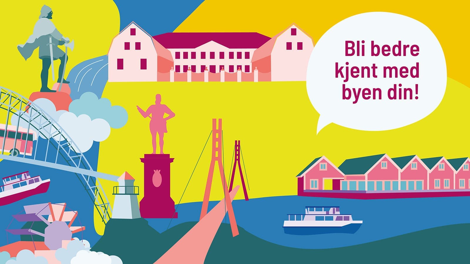 Fargerik illustrasjon av kjente landemerker i Fredrikstad, Sarpsborg og Hvaler, med teksten "Bli bedre kjent med byen din!"