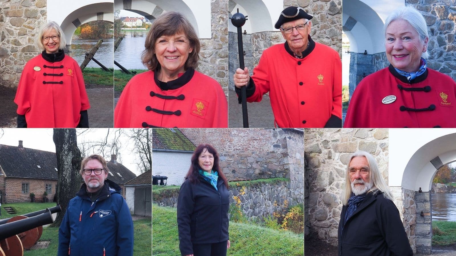 Sju guider fra Fredrikstad og Hvaler portrettert utendørs ved festningsmurer og historiske omgivelser. Flere bærer røde guidekapper med Fredrikstad-emblem.